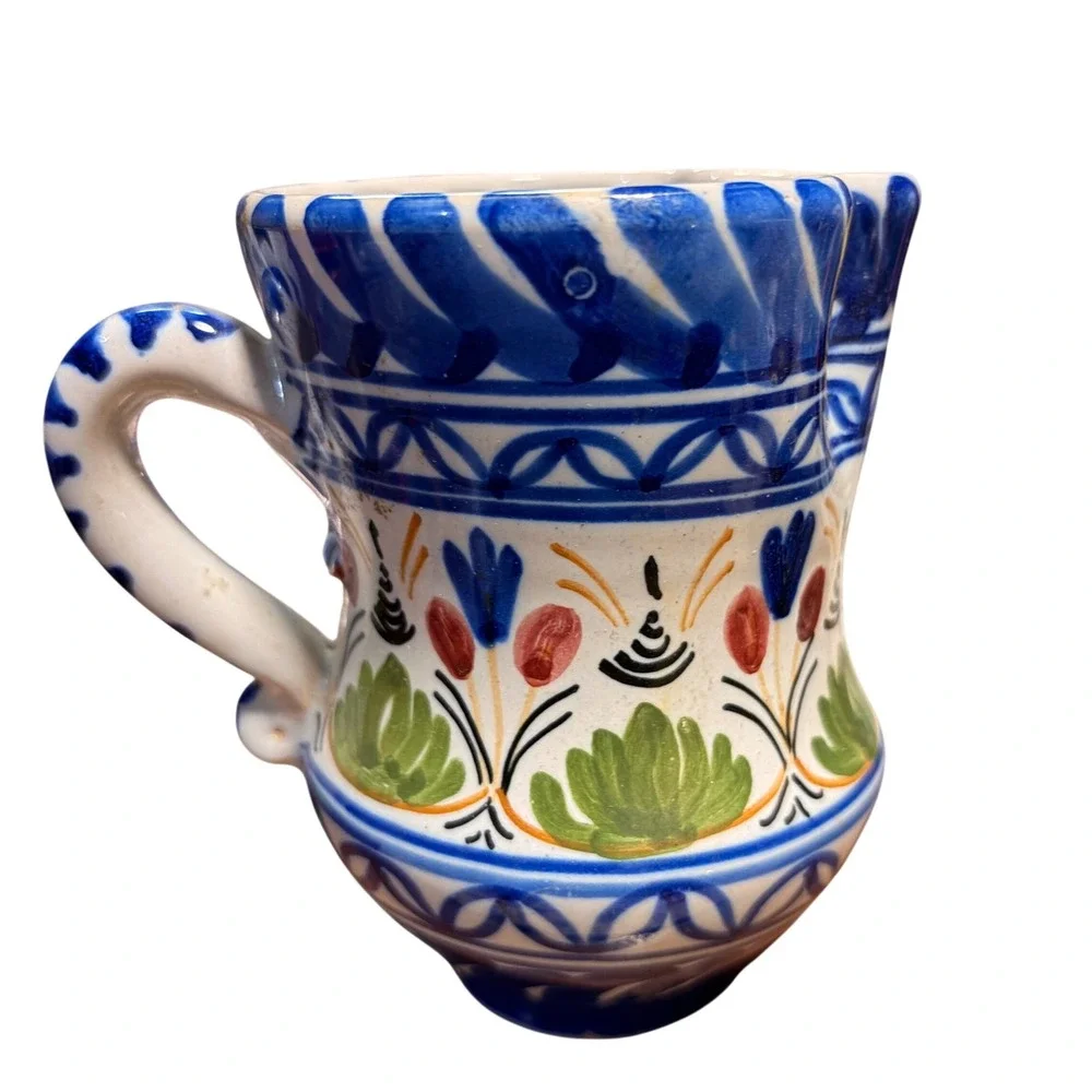 Hand Painted Folk Art Ceramic Pitcher Blue Floral Creamer Small Milk Jug Signed